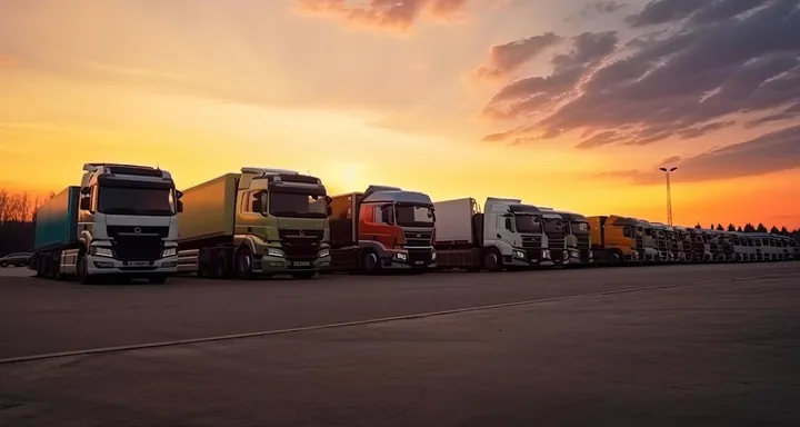 A fleet of trucks serviced by South Shore Truck Repair at sunset